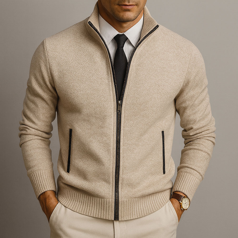 Men's Tailored Wool-Blend Full-Zip Cardigan with Stand Collar 1