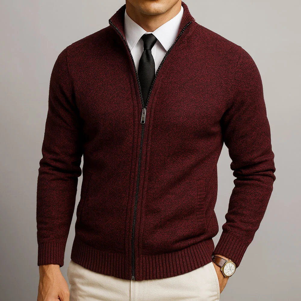 Men's Tailored Wool-Blend Full-Zip Cardigan with Stand Collar 2
