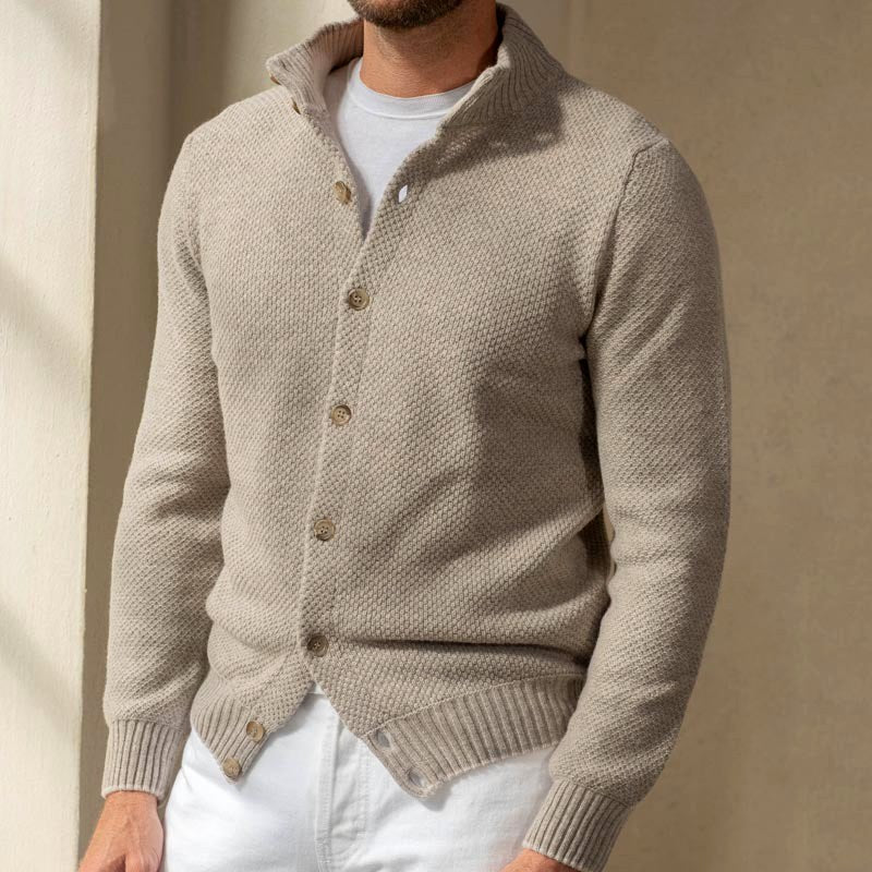 Men's Textured Knit Cardigan with Stand Collar and Button-Front Closure 0