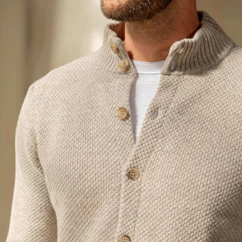 Men's Textured Knit Cardigan with Stand Collar and Button-Front Closure 1
