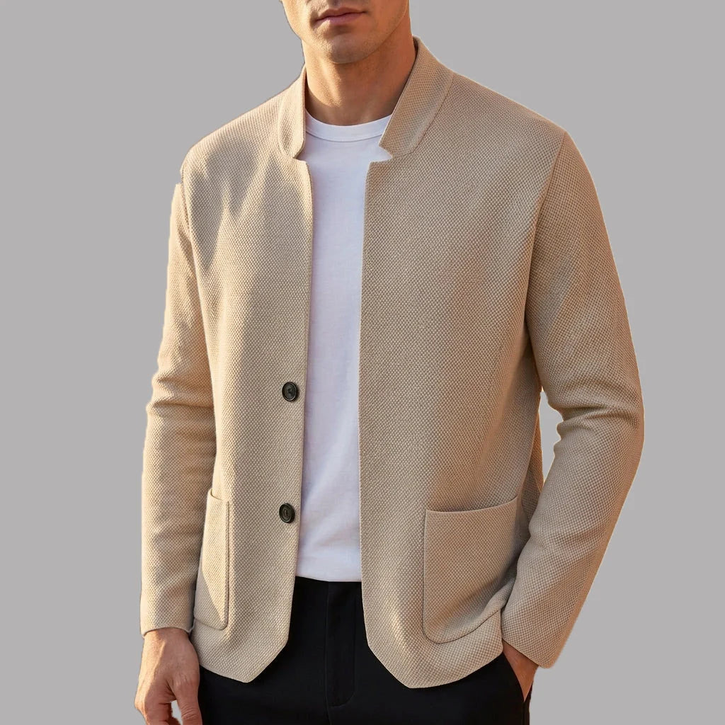 Men's Textured Knit Cardigan with Stand Collar and Button Closure 0