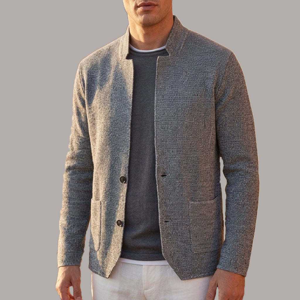 Men's Textured Knit Cardigan with Stand Collar and Button Closure 1