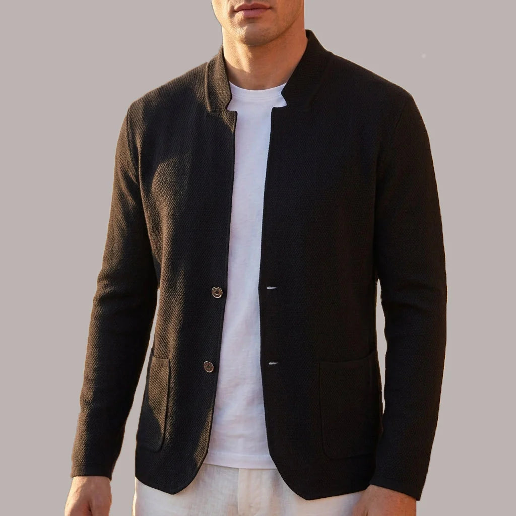 Men's Textured Knit Cardigan with Stand Collar and Button Closure 2