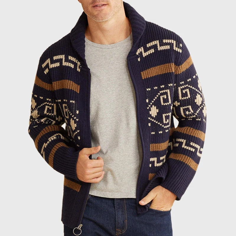 Men's Zip-Up Cardigan with Shawl Collar and Geometric Jacquard Pattern 0