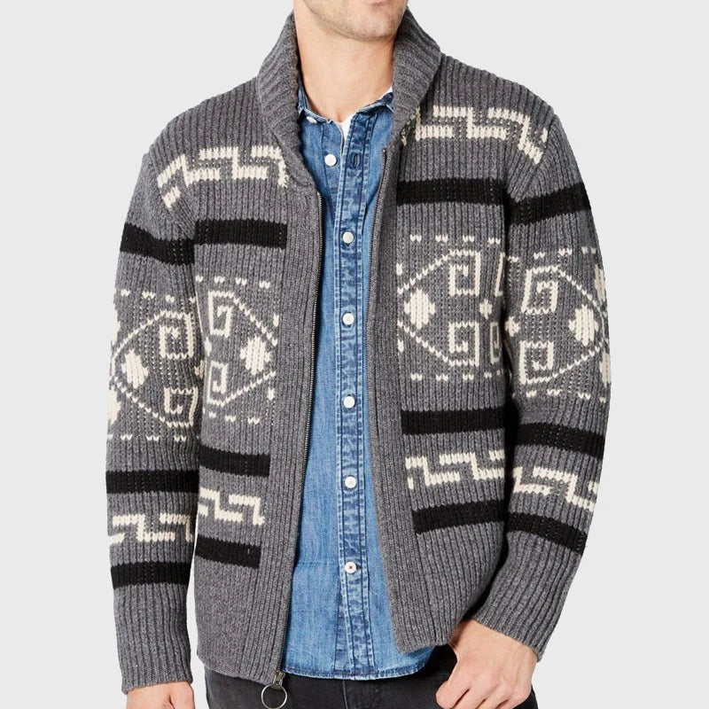 Men's Zip-Up Cardigan with Shawl Collar and Geometric Jacquard Pattern 2