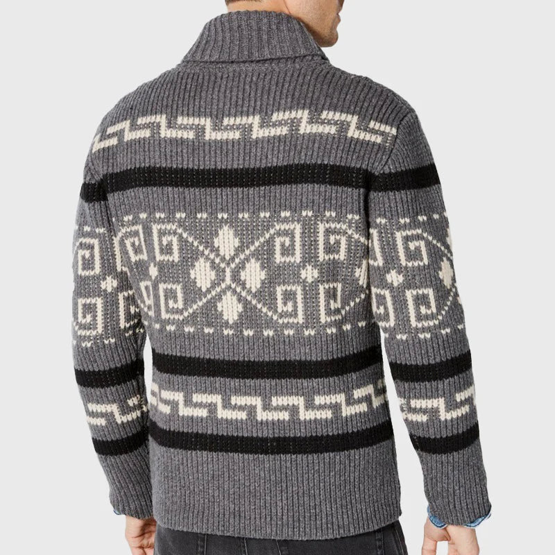 Men's Zip-Up Cardigan with Shawl Collar and Geometric Jacquard Pattern 3