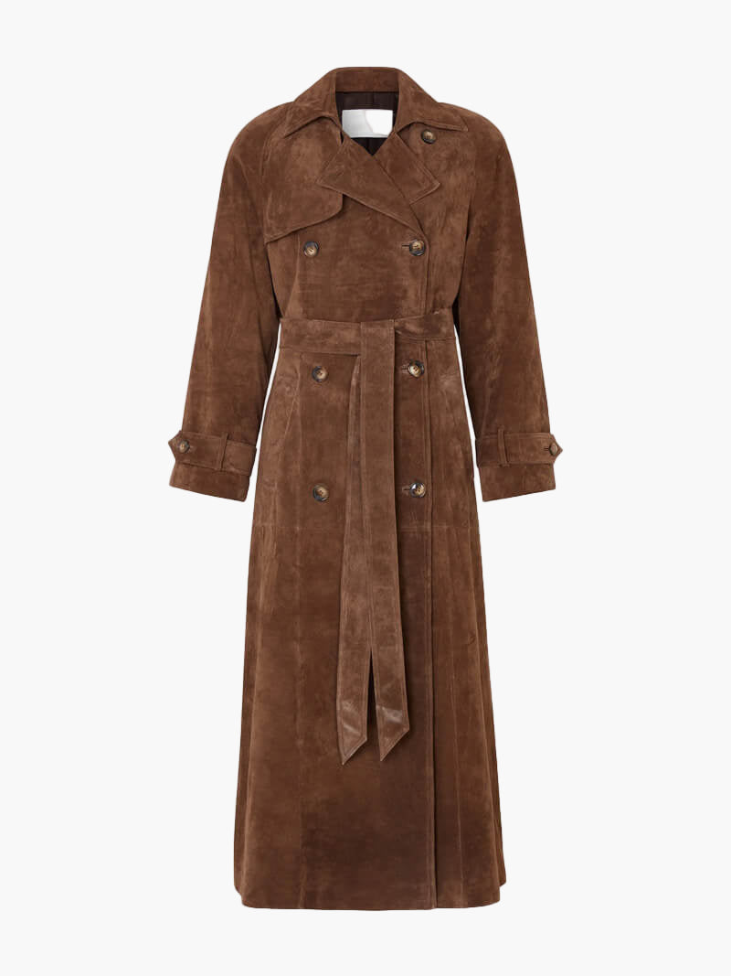 Belted Suede-Look Trench Coat