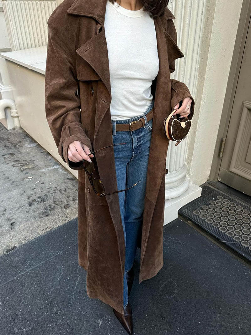 Belted Suede-Look Trench Coat