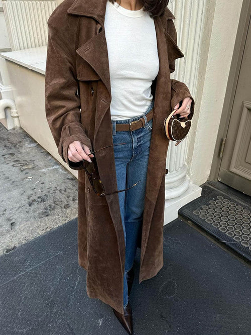 Belted Suede-Look Trench Coat