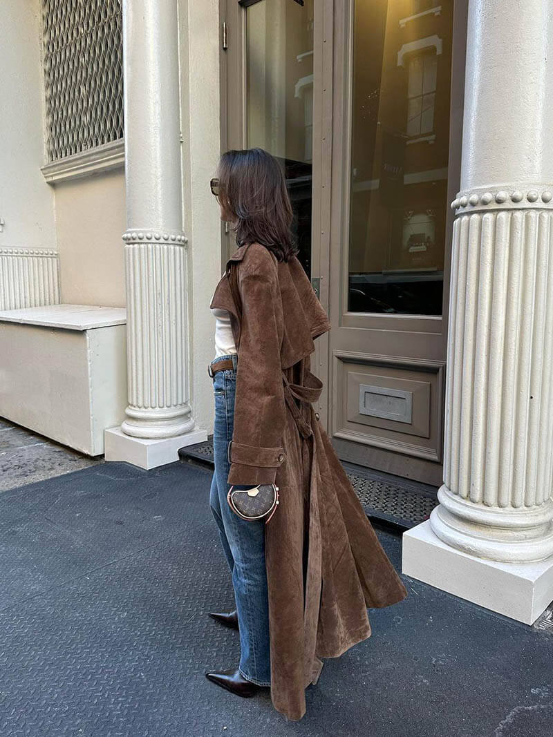 Belted Suede-Look Trench Coat