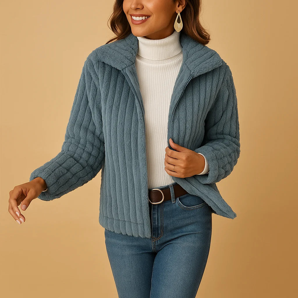 Women's Long Fleece Cardigan with Stand-Up Collar and Pockets 1