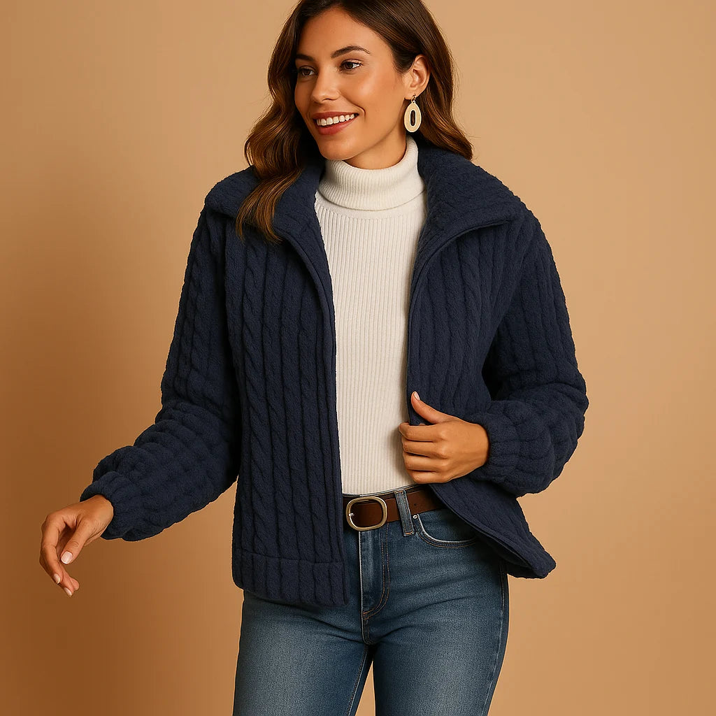 Women's Long Fleece Cardigan with Stand-Up Collar and Pockets 3