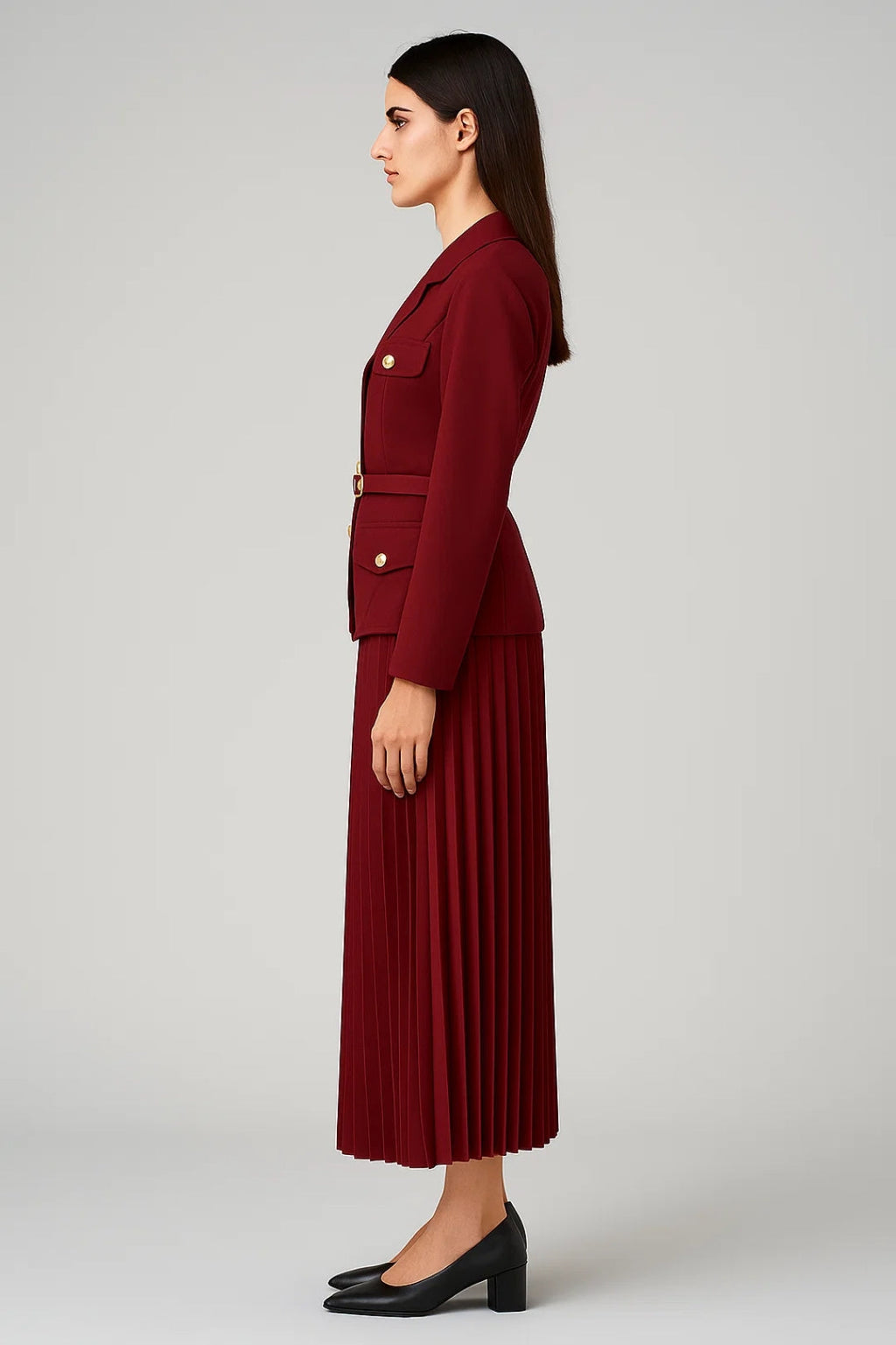 Double-Breasted Blazer and Pleated Skirt Set