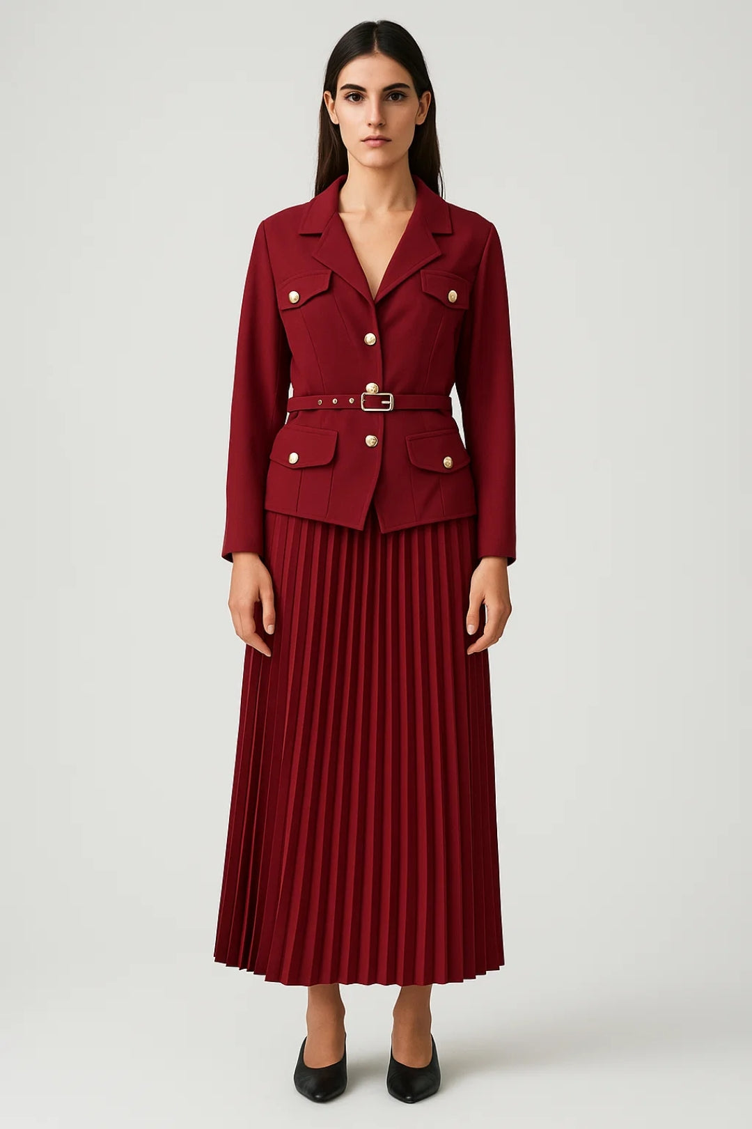 Double-Breasted Blazer and Pleated Skirt Set