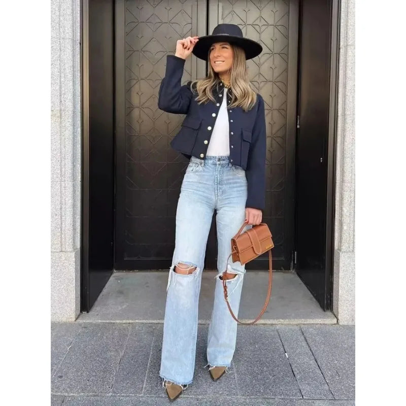 Structured Cropped Button Bomber