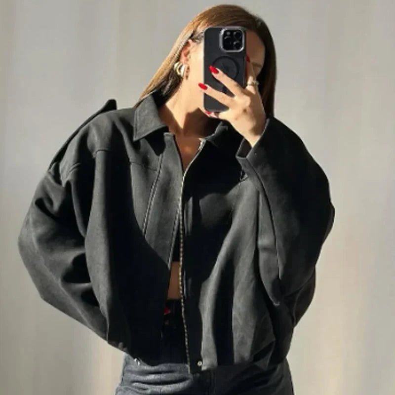 Relaxed Cropped Zip-Up Bomber